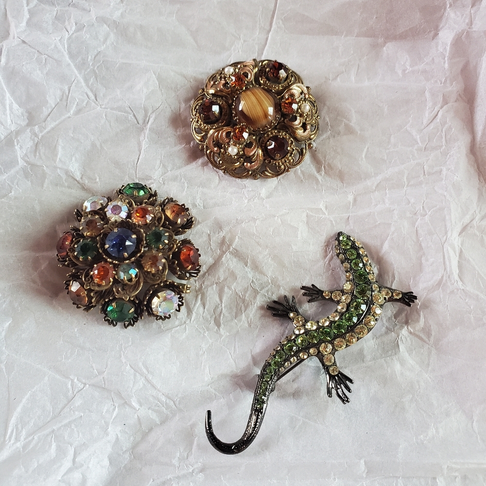 3 Vintage Brooches Filigree Amber, Coro Crystal And Unbranded Crystal Lizard